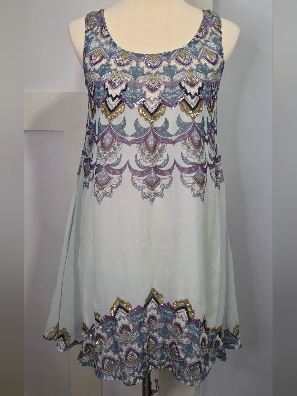 Angie - Sleeveless Sequined And Embroidered Tie-back Tunic Dress in Light Blue